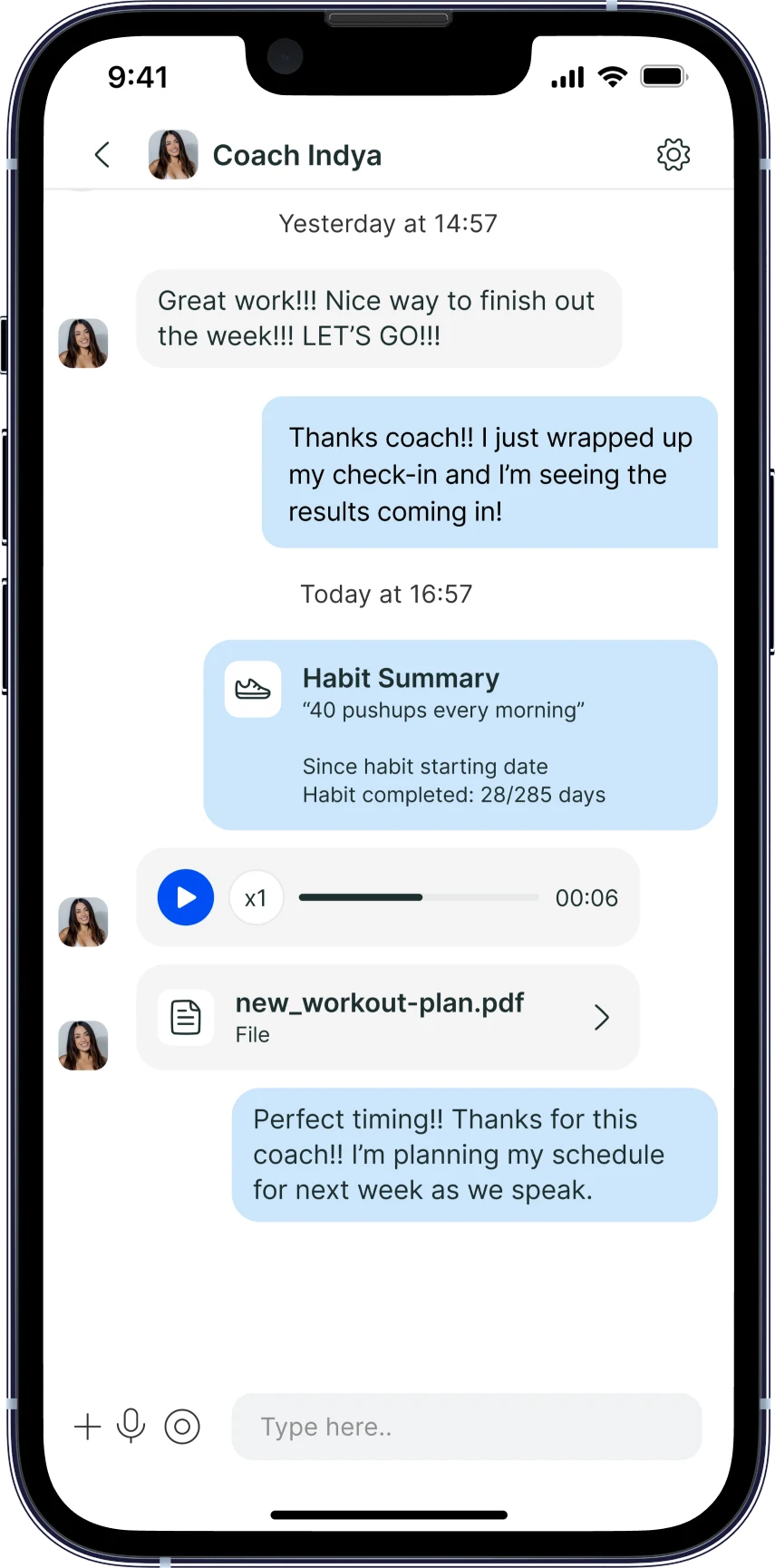 coach indya's app showing her communicating one on one with someone like you
